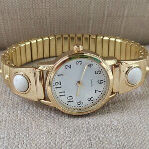 Accutime Ladies Watch Gold Tone Quartz Analog Stretched Metal Band Wristwatch
